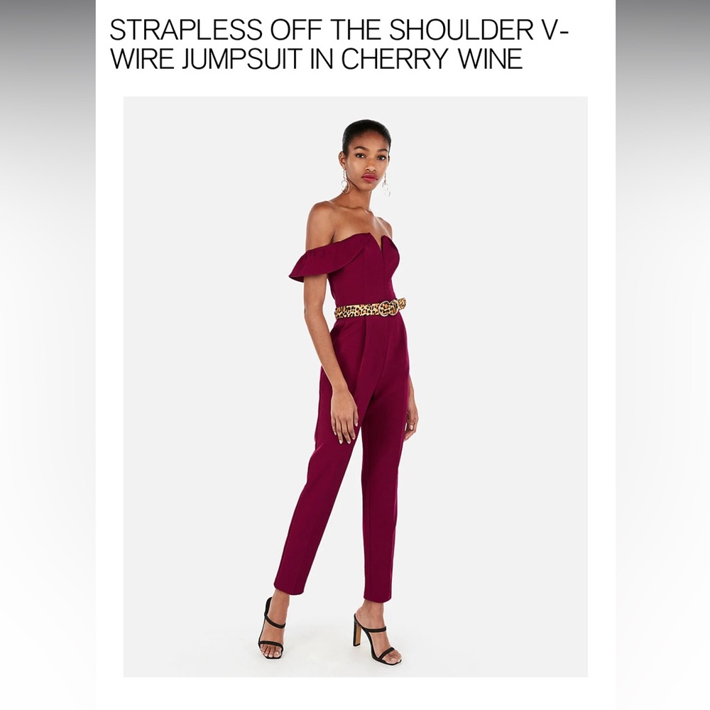 Express Strapless of the shoulder v neck jumpsuit in cherry wine